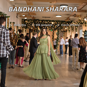 Ensemble Sharara traditionnel Bandhani vert pistache Rang Mahal en jacquard de soie et mousseline, avec manches supplémentaires, longueur ras du sol, pour femme, décontracté - Product Image 2