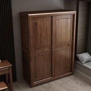Modern Walnut Solid Wood <b>Wardrobe</b> Sliding Door <b>Large</b> Capacity Bedroom Storage Two Door Design - Product Image 2
