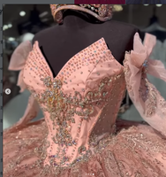 Robe de bal de Quinceañera rose moderne Mumuleo, grande taille, longueur au sol, avec sequins, nœud, dentelle, dos à lacets, taille naturelle, traîne longue