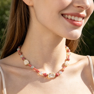 Collar de Mujer con Bloques de Color, Rodonita y Perlas de Piedra Natural para Fiestas en el Jardín, Collares Bohemios Barrocos - Product Image 1