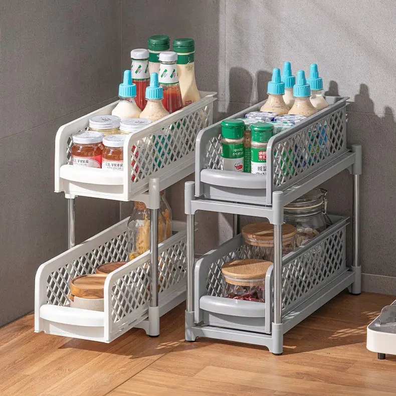 Prachtige Grote Capaciteit Draagbare 2-Tier Pull-Out Pantry Opslag Plank Keuken Badkamer Organizer Rek Schuif Mand Lade