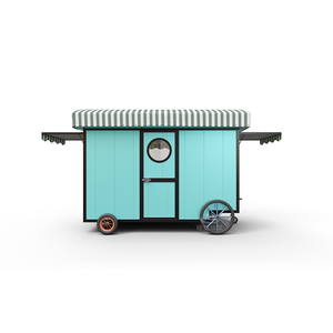 Chariot de café mobile bleu rafraîchissant d'inspiration vintage avec fenêtres au plafond et auvent classique, conçu pour les magasins de crème glacée et de café - Product Image 4