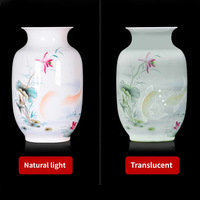 Vase en porcelaine translucide de Jingdezhen, corps fin, peint à la main, motif lotus et carpe, vase floral en céramique pour la maison, cadeau