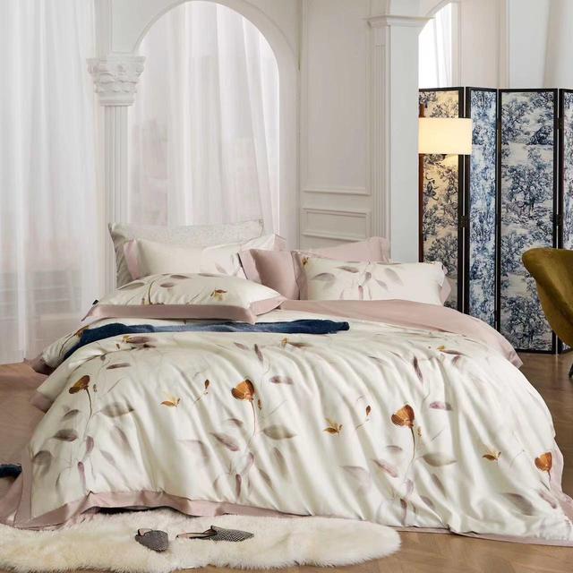 New Cotton Plant Floral Digital Printing Series Duvet Quilt Comforter Cover Pink Bed Sheet Four-piece White Bedding Set
