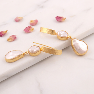 Zeva Jewels Irregular Korean Pearl Long Hook <b>Earrings</b> <b>Solid</b> Brass 18k Gold Plated Statement Jewelry Hammered Texture Dangle Drop - Product Image 4