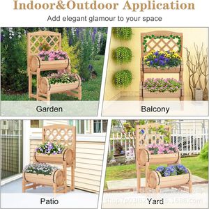 Support à fleurs en bois pour extérieur, double niveau, jardinière, décoration de balcon, porte-plantes, ornement paysager - Product Image 4