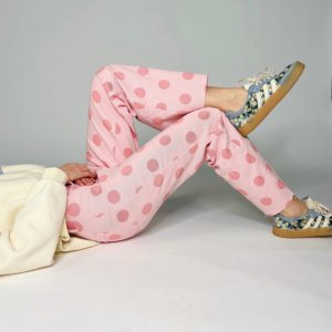 Fabricant de jeans décontractés pour femmes, personnalisés, à grands pois, extensibles, couleur blush, <span class=keywords><strong>taille</strong></span> <span class=keywords><strong>haute</strong></span>, à ourlet brut et coupe large - Product Image 2