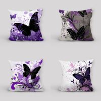 Housse de coussin décorative motif papillon violet, noir et blanc, motif floral en spirale, décoration moderne pour la maison