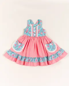 Новинка 2022, стильное весеннее розовое и синее Цветочное платье для маленьких девочек с карманами и оборками