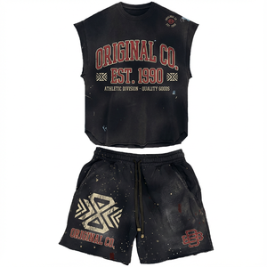 Conjunto Deportivo Corto de Verano para <span class=keywords><strong>Hombre</strong></span>, Estilo Urbano, Personalizado, Lavado Ácido, Desteñido al Sol - Product Image 2