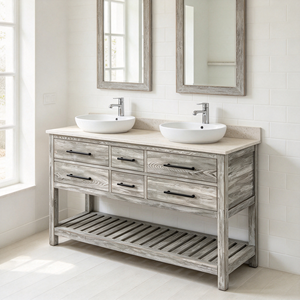 Meuble sous-vasque de salle de bain en bois massif gris patiné style ferme avec 2 tiroirs - Product Image 1