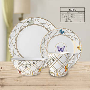 Nouvelle conception, assiette en céramique à bord doré en forme de papillon, service de vaisselle en porcelaine osseuse, avec assiette plate pour dessert et pain, 20/24 pièces, style INS - Product Image 5