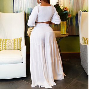 Women's Casual Tie-up Top Wide-leg Pants Pleated <b>Sexy</b> Solid Color 2-piece <b>Set</b> Fashion - Product Image 4