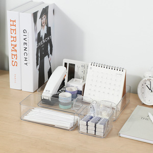 Organisateur de bureau en acrylique transparent, boîte de rangement compartimentée empilable pour papeterie et cosmétiques - Product Image 1