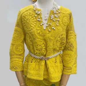 Crochet clothing handmade with pearl decoration 2 piece skirt set yellow ladies crochet pullover
