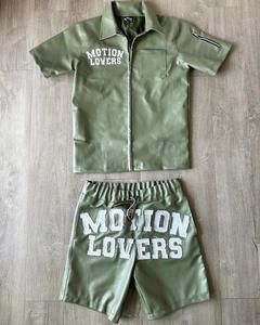 Oyalamak erkek deri şort takımı Zip up yaka kısa kollu T-shirt ve şort 2 adet deri eşofman takımı - Product Image 6