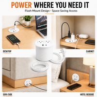 Stopkontak Listrik Terpasang di Meja dengan Kabel Putih, Model Bulat, Dilengkapi Port USB-C untuk Pengisian Daya
