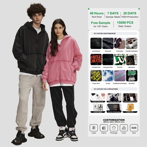 Sudaderas con capucha y cremallera de mezcla de algodón polar de 450 g/m² de alto gramaje, estilo vintage con lavado ácido y bajo sin rematar, personalizadas al por mayor para hombre - Product Image 1