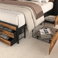 Lit moderne de taille Queen facile à assembler avec 8 tiroirs de rangement, tête de lit LED marron, station de charge, cadre de lit en métal solide et stable pour chambre à coucher