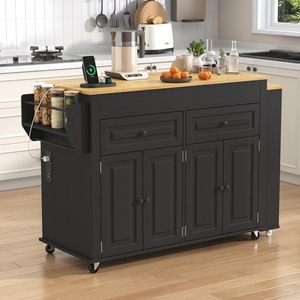 Îlot de cuisine moderne extensible 80"-48" en MDF avec prise électrique, 2 tiroirs de rangement, chariot roulant et 2 étagères ouvertes (plateau en pierre frittée) - Product Image 5