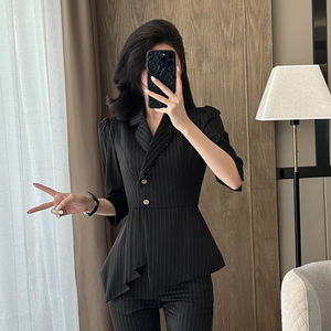 Women's Suit Set Three Quarter Sleeve Notched Collar Slim Fit Office Lady Autumn Worsted Anti-Wrinkle Formal Wear - Product Image 3