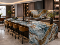 Dalle de quartzite Blue Louise polie veinée pour panneau mural TV, plateau de meuble flottant, comptoir de bar, plateau de table basse en pierre
