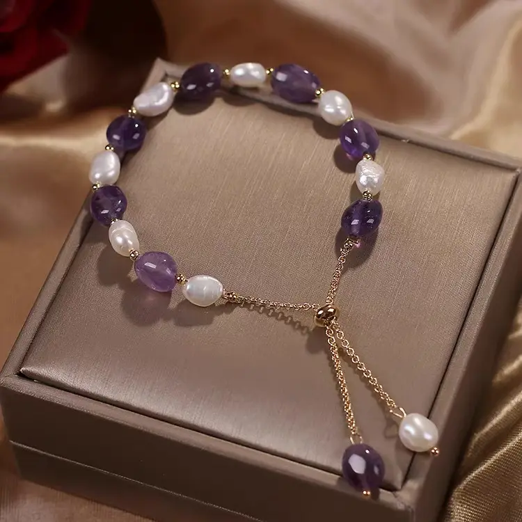 Pulsera de piedras naturales de amatista para mujer, brazalete de perlas de agua dulce, ajustable, de moda, piedra Natural