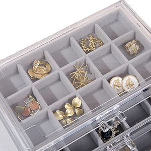 Organisateur de bijoux extra large carré en acrylique écologique gris velours, présentoir à 5 plateaux transparent pour bagues, boucles d'oreilles et colliers - Product Image 2