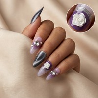 Kuku Palsu 3D Motif Bunga Mewah Stiletto Cat Eye Berhias Rhinestone Ungu Label Pribadi Buatan Tangan Seni Kuku Press on
