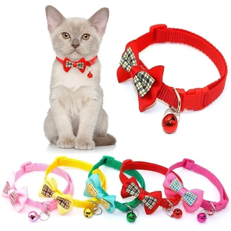 Atacado Dog Collar Lovely Mini 19-32cm Pet Plaid Bow Tie Cat Dog Collar Com Bell