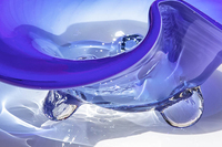 Bol en verre soufflé à la main bleu, décoratif, à bords festonnés, irrégulier, en forme de fleur, de luxe, pour fruits ou bijoux