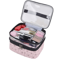 Trousse de maquillage rose OEM PU PVC double couche trousse de voyage étanche à l'eau claire maquillage organisateur fourre-tout transparent trousses de toilette