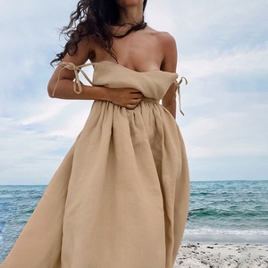 Nuovo <span class=keywords><strong>Abito</strong></span> Estivo da <span class=keywords><strong>Donna</strong></span> a Tinta Unita con Scollo a V in Cotone e <span class=keywords><strong>Lino</strong></span> Francese Traspirante con Bretelle e Vita Alta - Product Image 2