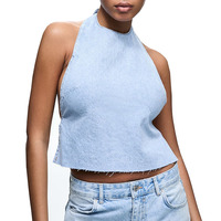 Top Halter en Denim Bleu Clair pour Femmes, Sexy, Style Y2K, Bretelles Ajustables, Design à Cordon, Respirant, 100% Coton, Non Élastique
