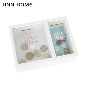 Jinn Home 2 aperture salvadanaio in legno bianco salvadanaio MDF risparmio moneta scatola di vetro stampato copertura elegante decorazione per la casa attenta alla sicurezza - Product Image 3