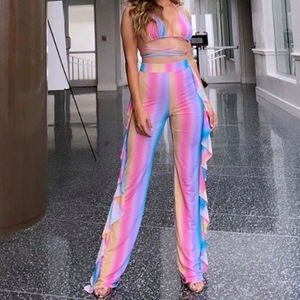 ODM femmes Tie-dye maillots de bain maille trois pièces tenues maillot de bain haut court à volants pantalons longs maillot de bain maillot de bain Biquini - Product Image 4