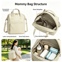 Sacs à langer pour tout-petits en cuir PU imperméable et durable, écologiques, avec logo personnalisé 2026, sacs à dos pour maman et bébé avec sangle de poussette