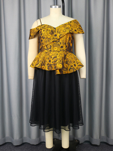 AM050344SET Asymmetrical Peplum Jacquard <strong>Top</strong> <strong>Tulle</strong> a Line Skirt Patchwork Women Formal Two Pieces Sets - Product Image 4