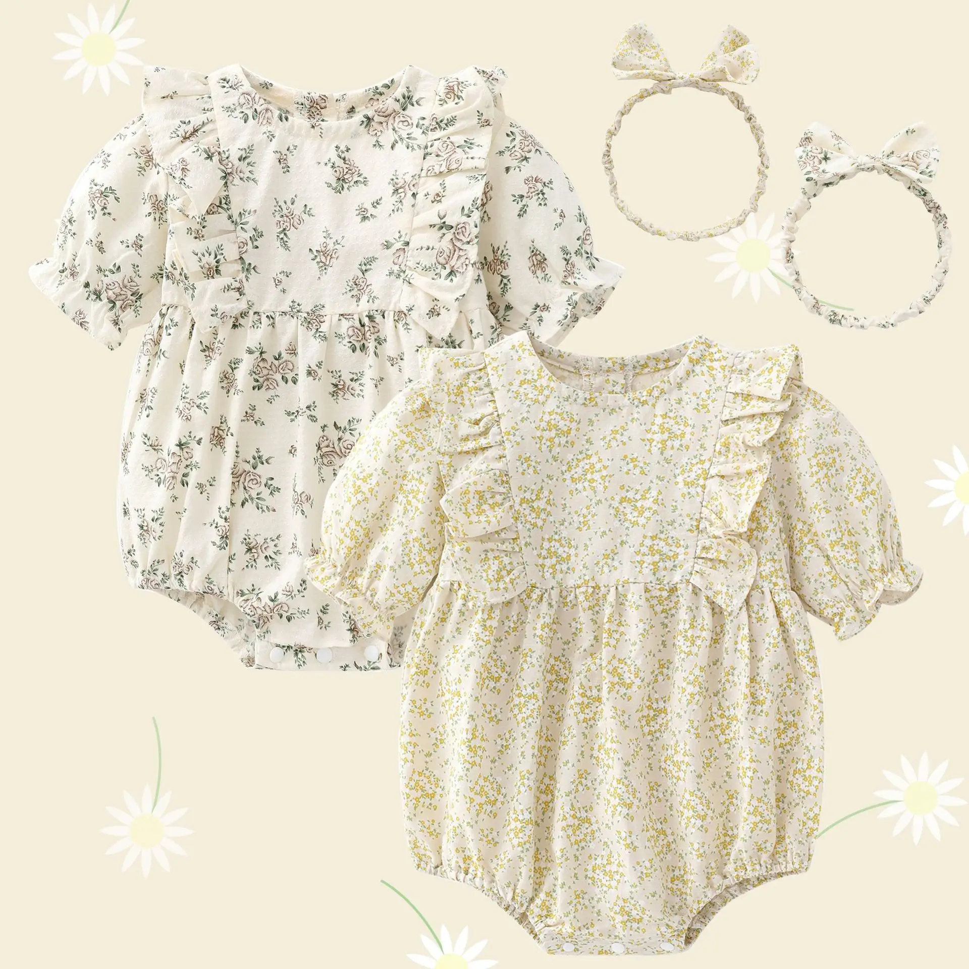 Groothandel Baju Baby Zomer Meisjes Katoenen Romper Met Gratis Haarband Bloemen Printing Peuter Kleding