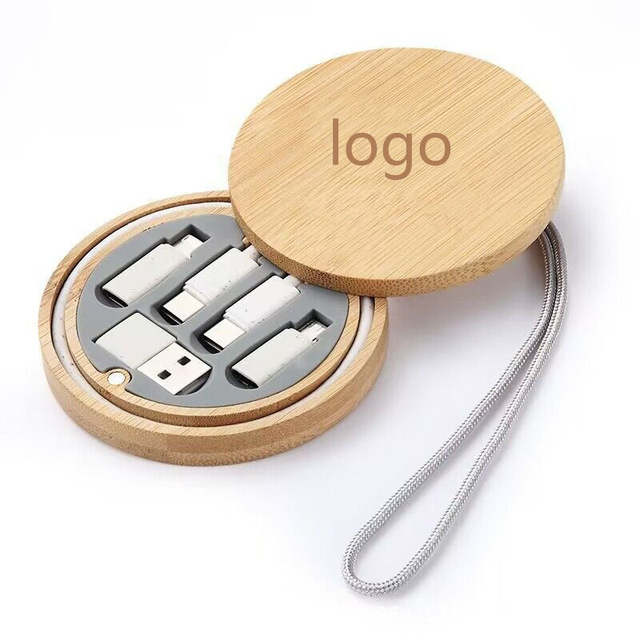 Custom Logo 4-in-1 USB-C to Micro USB Adapter Cable with Pure Copper Conductor and Braid Shielding 27cm Length Bamboo Box