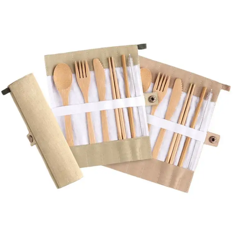 Eco Friendly Custom Logo Bamboo Travel Utensils Kit Zero Waste Reusable Bamboo Cutlery Set With Canvas Bag