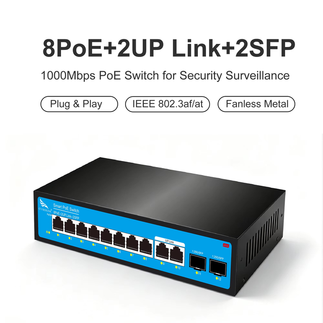8+2+2 Gigabit PoE Network Switch IEEE802.3af/at Standard 52V2.4A 125W Single Port Maximum Power 30W
