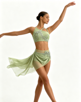 Costume de danse contemporaine lyrique Anna Shi, haut court orné de strass floraux, jupe asymétrique en maille pour compétition scénique