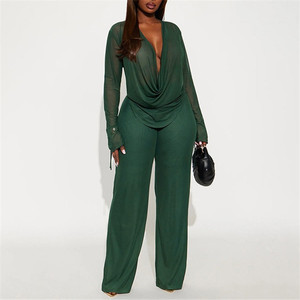 Tenues pour femmes, haut court à manches longues et col en V profond, pantalon, ensemble sexy en maille pour femmes, 2 pièces - Product Image 5