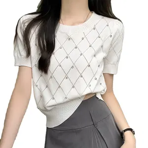 Spring and Summer Korean Round Neck Loose Studded Diamond Top Women's Diamond Design Knitted Shirt Short Sleeve