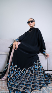 Elegant Black Open Front Abaya Embroidered Flare Sleeve Muslim Robe Islamic Dubai <b>Kaftan</b> for women - Product Image 2