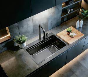 Évier de cuisine professionnel 750x480mm en acier inoxydable 304 noir canon de fusil grain de riz double nervure, avec robinet cascade - Product Image 3