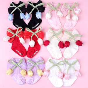 Calcetines de punto exclusivos transfronterizos <span class=keywords><strong>para</strong></span> bebés y niños, diseño de princesa a media pantorrilla con decoración de lazo de flor tridimensional - Product Image 1