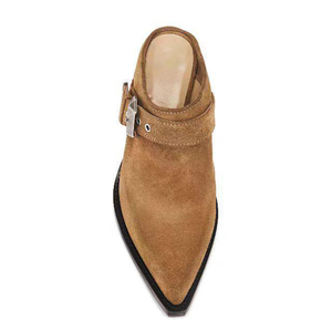 Sandalias de tacón alto de cuña gruesa con punta en pico para mujer, de gamuza, con hebillas metálicas, para oficina - Product Image 5