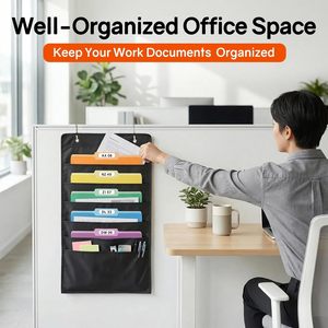 Organizador de archivos colgante de pared con 5 bolsillos, organizador de documentos de oficina negro, para el hogar, el aula, el dormitorio, el espacio de trabajo, minimalista - Product Image 2